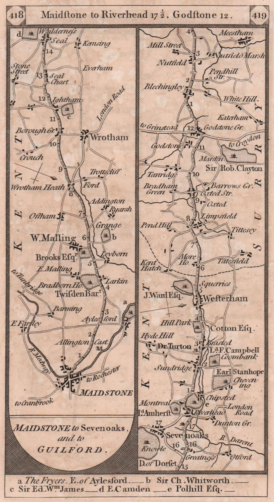 Maidstone-Wrotham-Sevenoaks-Godstone-Meestham road strip map PATERSON 1803